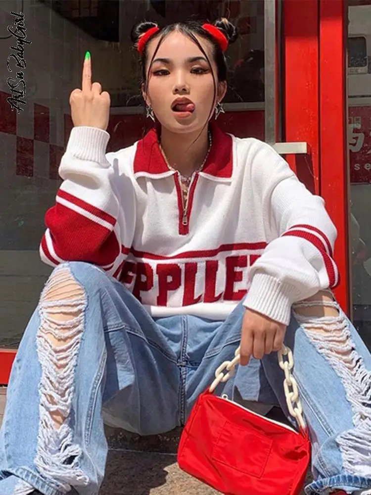 

Letter Print Pullover Sweater Oversize Jumper Long Sleeve Top Autumn Winter Clothes Streetwear Turn Down Collar Knitted Sweaters