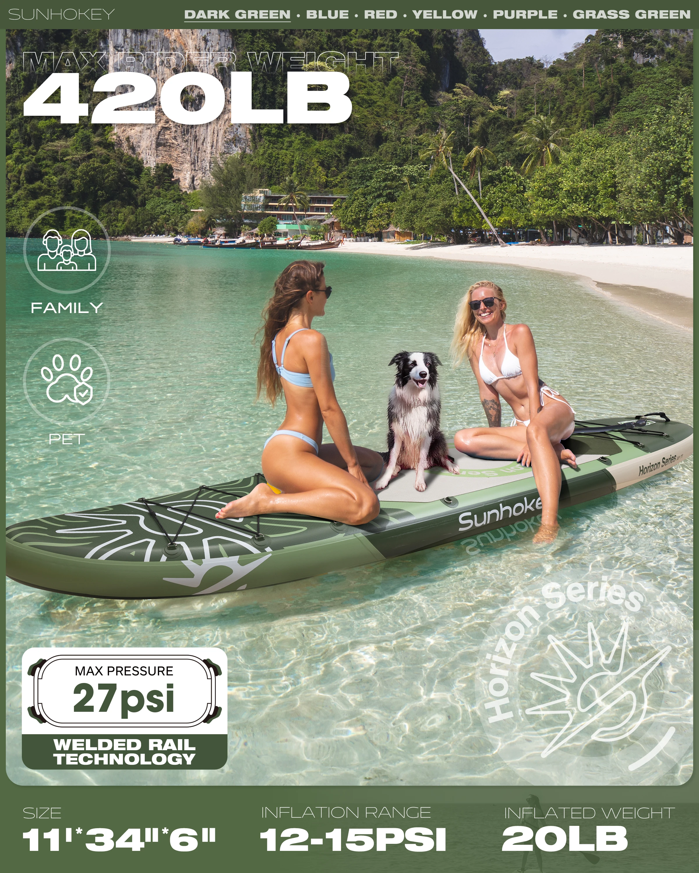 Фото Надувная SUP-доска SUNHOKEY Dark Green 11'x34