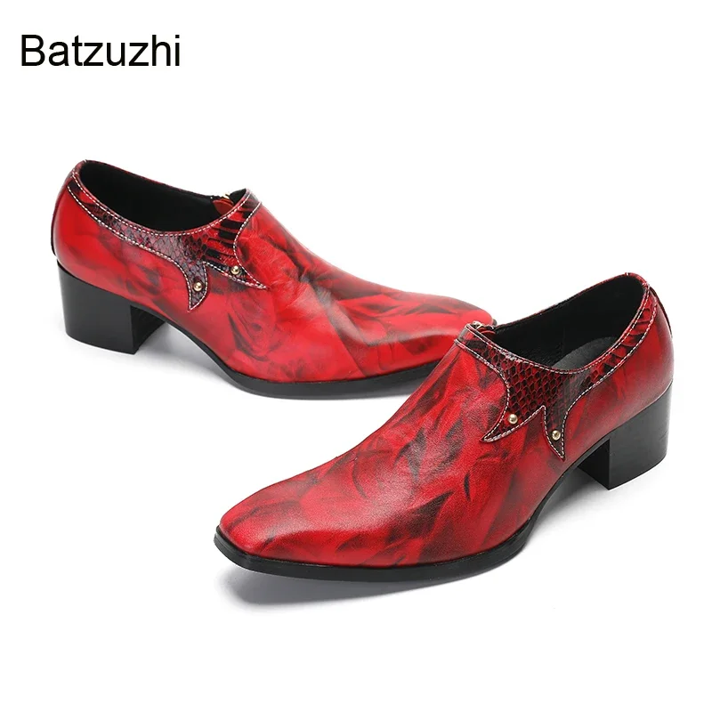 Batzuzhi Мужские туфли на каблуке 5 см с острым носком Красные модельные из