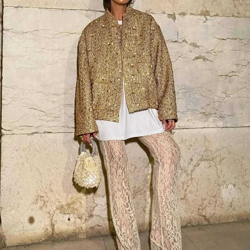 

Gold Sequin Women Coat Fashion Street Long Sleeve Stand Collar Female Jacket 2023 Autumn Fashion Single Breasted Lady Outwear
