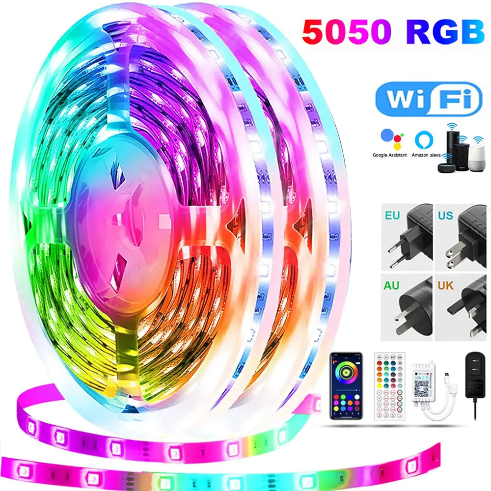 50m Christmas Lights WIFI LED Strip Bluetooth RGB Led light 5050 SMD Flexible 1M-50M Tape Diode DC Control+Adapter - купить по