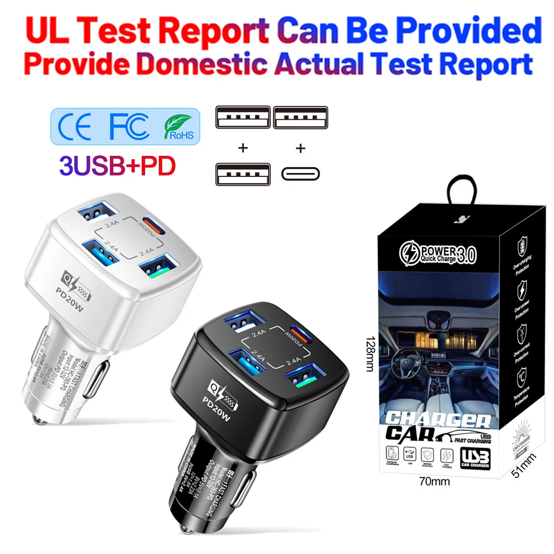 

PD20W Cell Phone Car Charger 2.4A 3USB+PD Fast 4-in-1 Cigarette Lighter 32W 20WPD TYPE-C Charging Head+3USB Multi-port