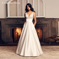 elegant wedding dresses 2022 for women a line v neck backless lace appliques satin court train bridal gowns vestidos de novia