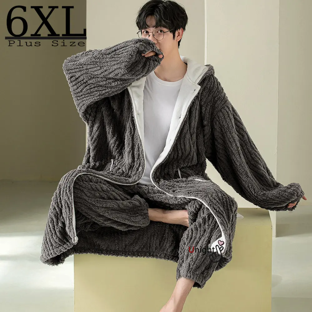 

6XL Men's Coral Fleece Winter Pajamas Robe Set Long Robe Kimono Gown Warm Flannel Bathrobe Sleepwear Oversized Thicken Homewear
