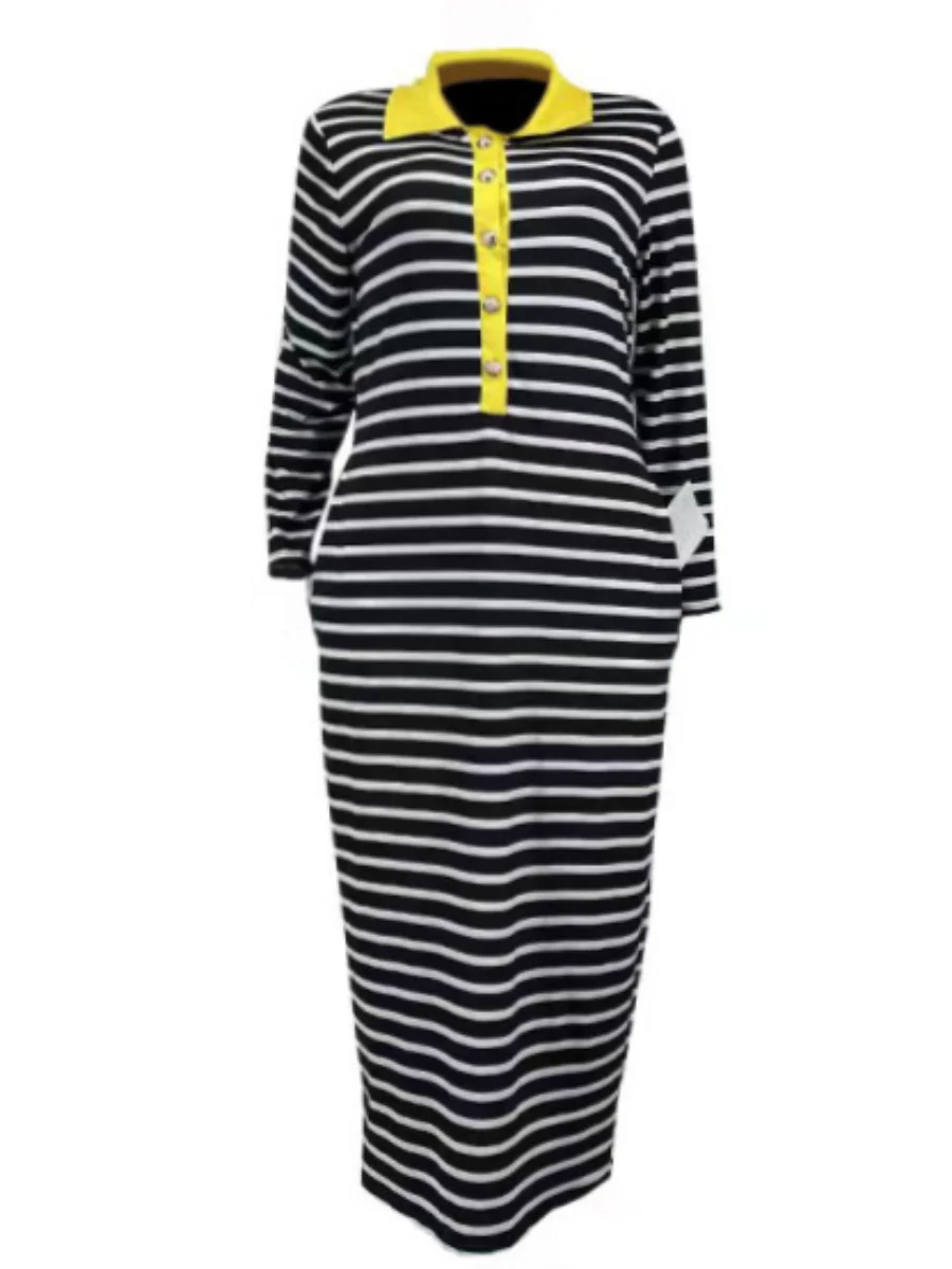 

LW Plus Size Dress Polo Striped Bodycon Dress Women Turndown Collar Button Stripe Dresses Casual Long Sleeve Bodycon Mid Dress