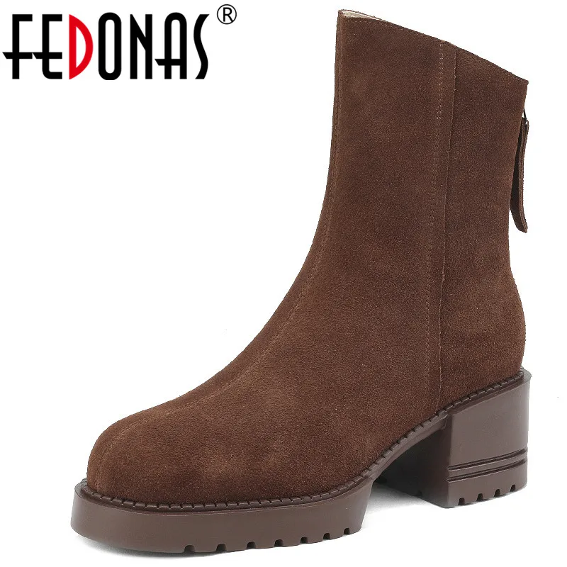 

FEDONAS Brand New Women Ankle Boots 2023 Autumn Winter Mature Female Office Dress Thick Heels Cow Suede Leather Shoes Woman