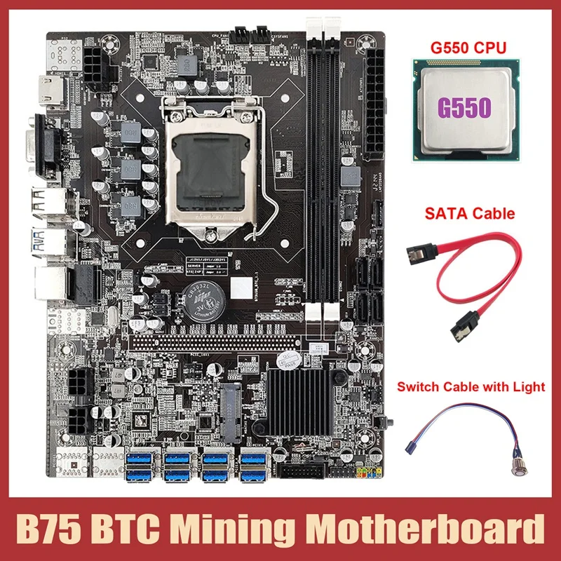 

B75 ETH Mining Motherboard 8XUSB3.0+G550 CPU+Switch Cable With Light+SATA Cable LGA1155 B75 USB BTC Miner Motherboard