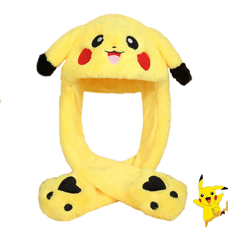 Купить Новая популярная детская шапка Pokemon Pikachu, плюшевая шапка, шапка для прыжков с ушками из аниме, забавная игрушечная шапка для мальчиков и дево...