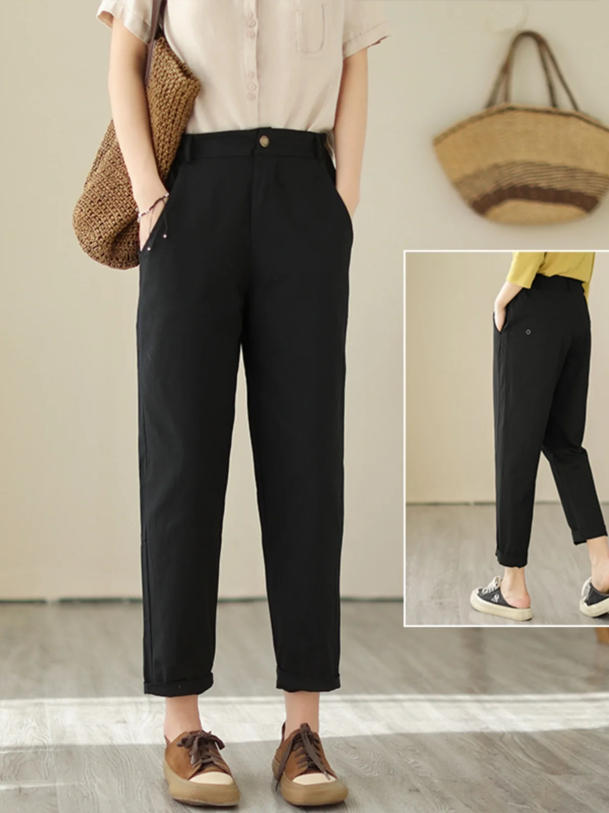 Оригинальные весенние 2024 Новые однотонные брюки-карго с высокой талией женские