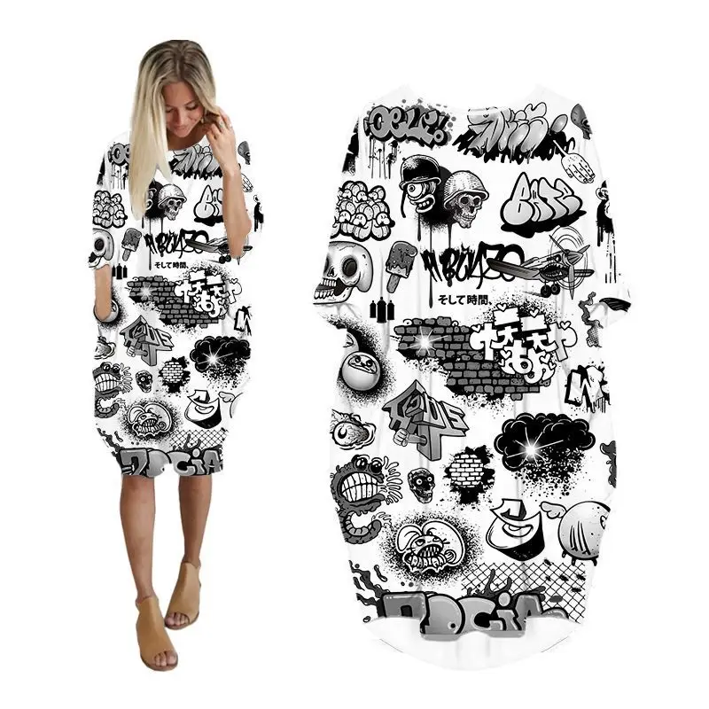 

Платья для женщин с карманами с длинным рукавом Повседневная Женская одежда модная женская одежда большого размера миди женское платье мультяшные рисунки KH