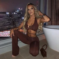 new style womens wear summer solid color slim neck suspender vest splicing lace up trousers suit women