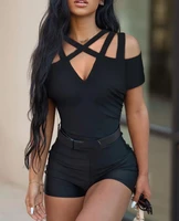 tight black jumpsuit women 2022 summer fashion new multi strap cold shoulder skinny romper short sleeve hollowed out jumpsuits