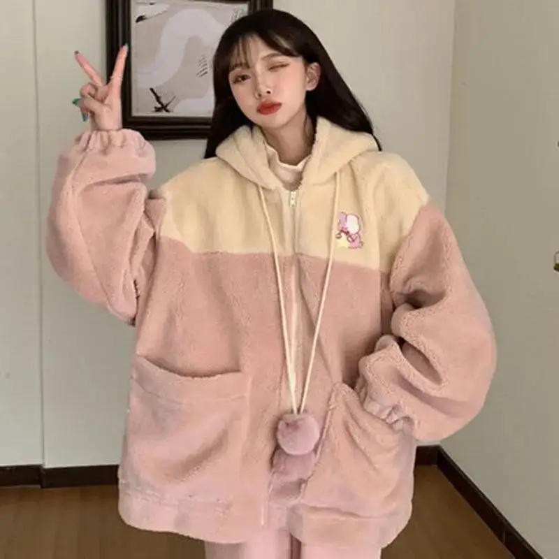

Lamb Wool Cute Coat All-match Loose Korean Version Warm Plus Velvet Thick Top