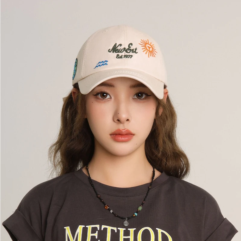 

American Graffiti Baseball Caps for Women Versatile Embroidery Summer Cotton Dome Wide Eaves Show Face Small Sunscreen Men's Hat
