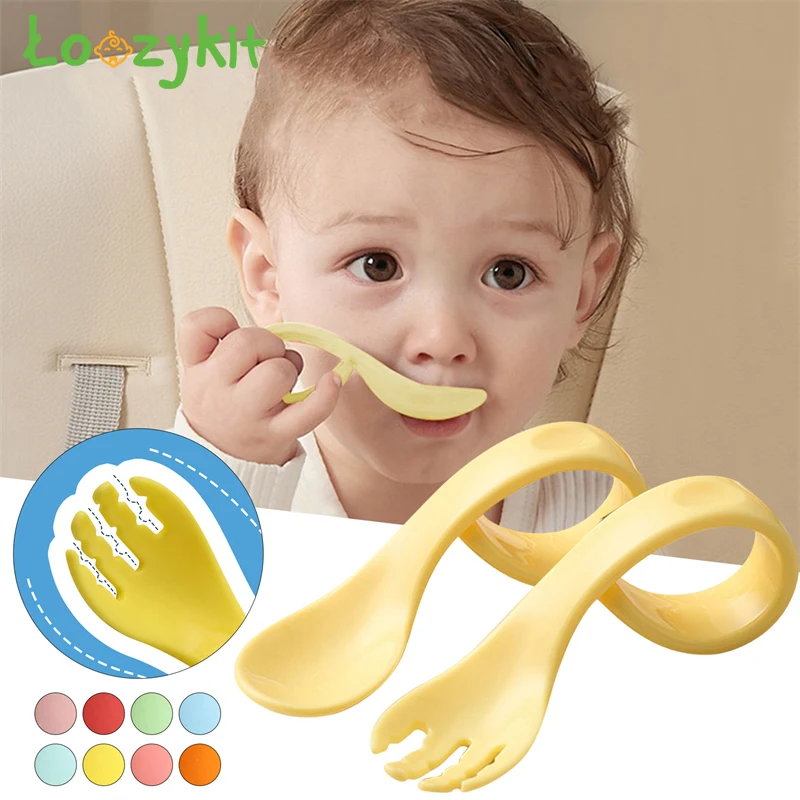 

Baby Training Spoon Children Learn To Eat Feeding Utensil Toddler Cutlery Infant Food Ringed Curved Handle Baby Spoon Forks Set