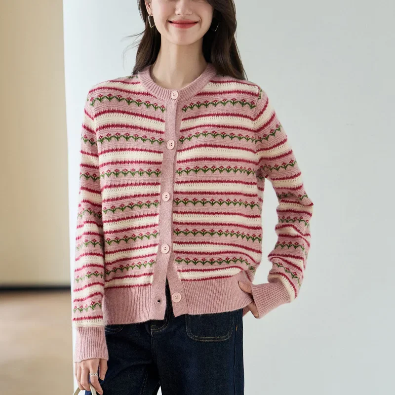 Новинка 2024 женский полосатый свитер вязаный кардиган куртка осенняя коллекция