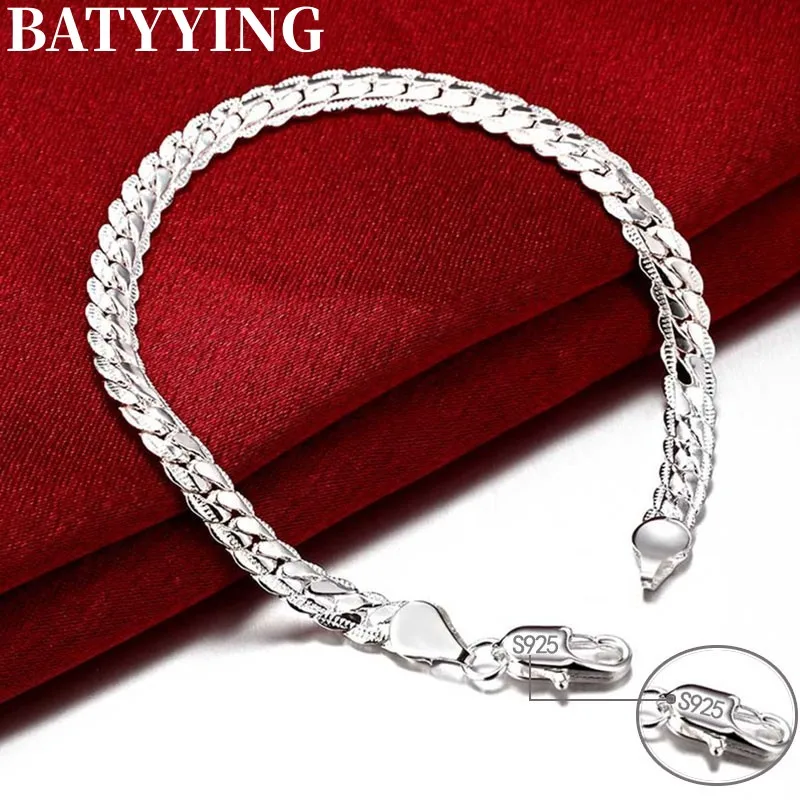 

BATYYINY S925 Sterling Silver Bracelet 6mm 20cm Flat Side Chain Lobster Clasp For Woman Man Wedding Engagement Jewelry