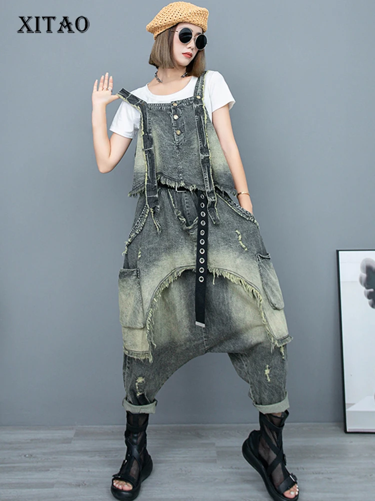 

XITAO Personality Fashion Denim Pant Sets All Match Summer New Arrival Western Style Tie Dye Pullover Square Collar WLD20010
