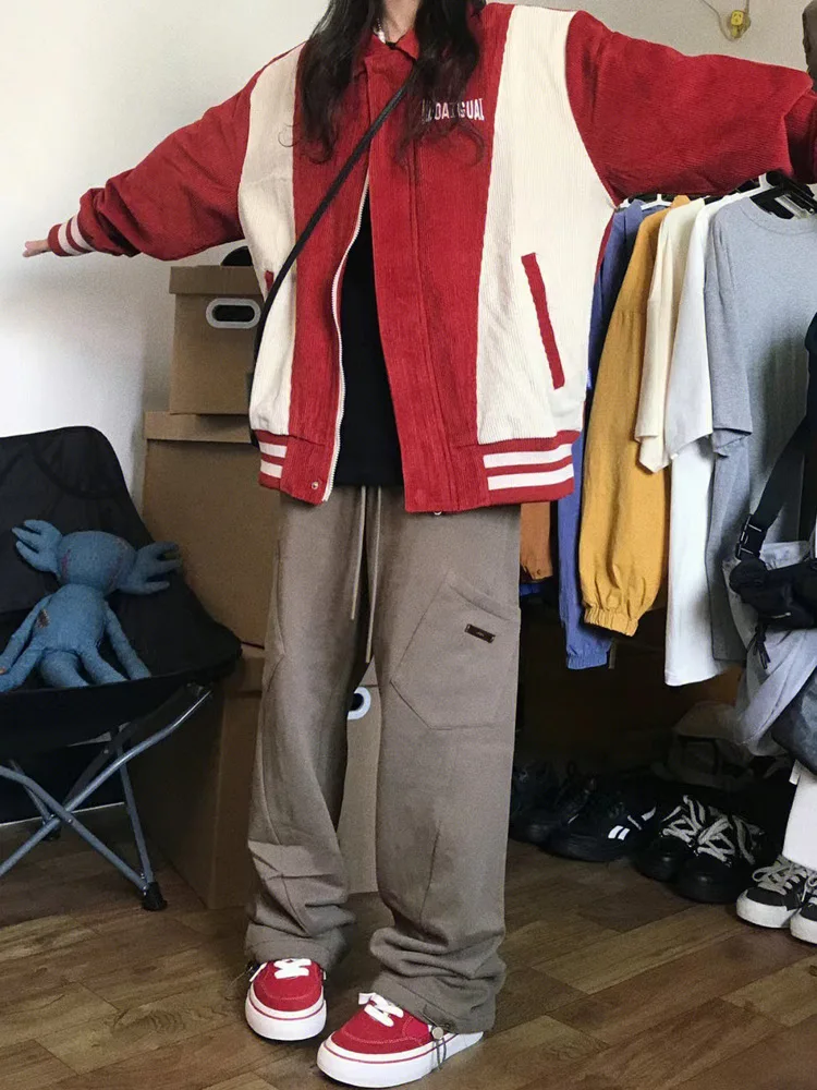 

Trend American Vintage Patchwork Color Coat Women's 2023 Autumn Corduroy Red And White Baseball Jacket Women's Clothing