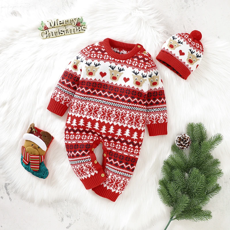 

Hot Sale Baby Winter Warm Outfit, Lovely Christmas Tree Elk Print Round Neck Long Sleeve Romper+ Knitted Hat, 0-18Months