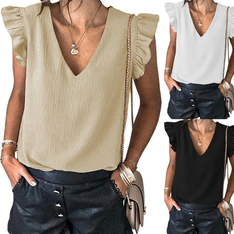 

Женская блузка с оборками на рукавах, простая однотонная блузка с глубоким V-образным вырезом, Свободный пуловер без рукавов, туника, Новинк...