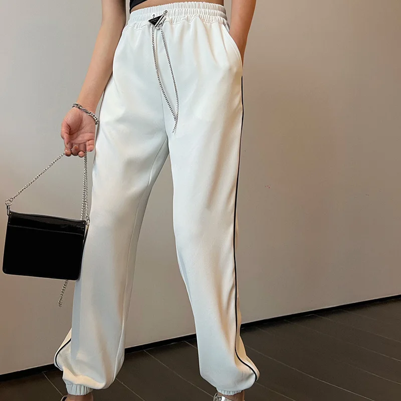 

Runway Summer Luxury Lady Black White Chains Drawstring Sports Pants Women 2022 Casual Elastic Waist Loose Trousers Top Quality