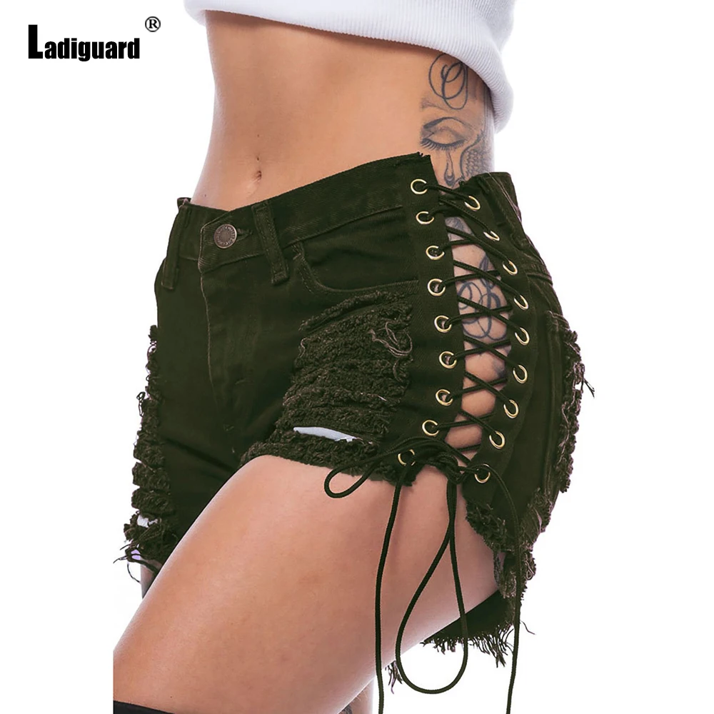 Ladiguard 2022 Fashion Zipper Pockets Denim Shorts Women Sexy Ripped Short Jeans Summer Panties Ladies Vintage Lace-up Hotpants