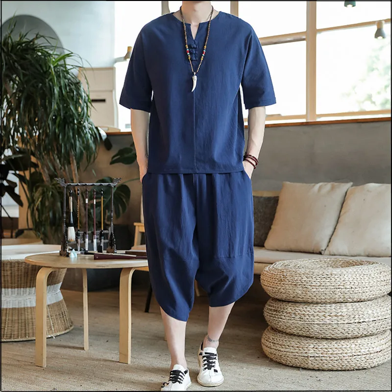

2PCS Retro Chinese Traditional Man Clothing Set Linen Summer Half Sleeve V-neck T-shirt Solid Oriental Kung Fu Tang Suit