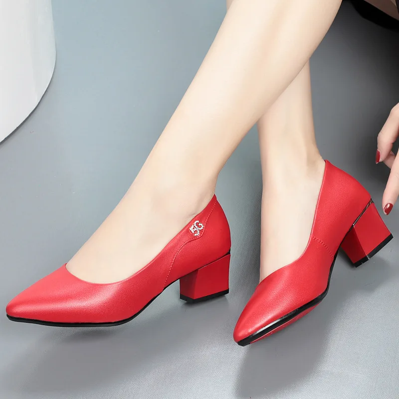 High Heels Wedding Shoes Women 2023 New Women Shoes Red Genuine Leather Pointed Toe Professional Fashion Single Shoes Women