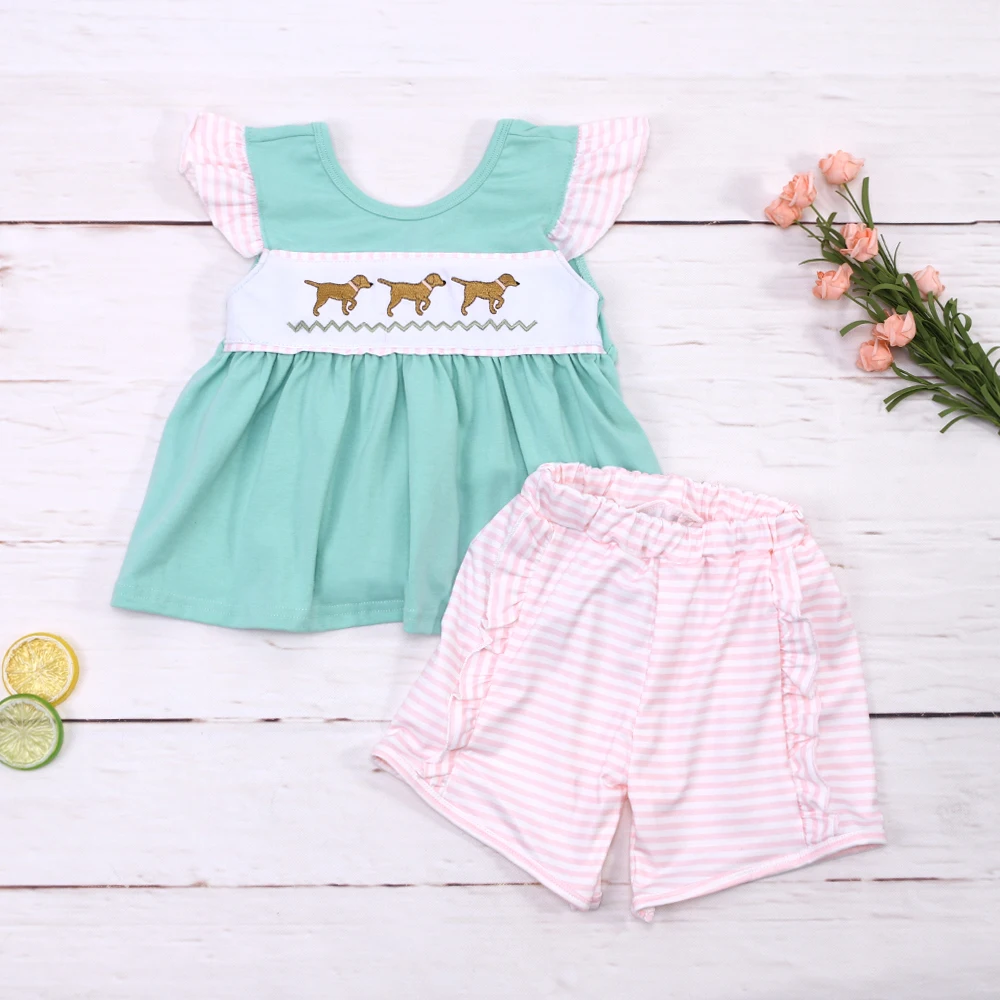 

Summer Outfits Baby Girl Clothes Set 2pcs Suit Mint Puppy Embroidery Bodysuit 1-8T Cute Bebe T-shirt Pink Stripes Lace Shorts