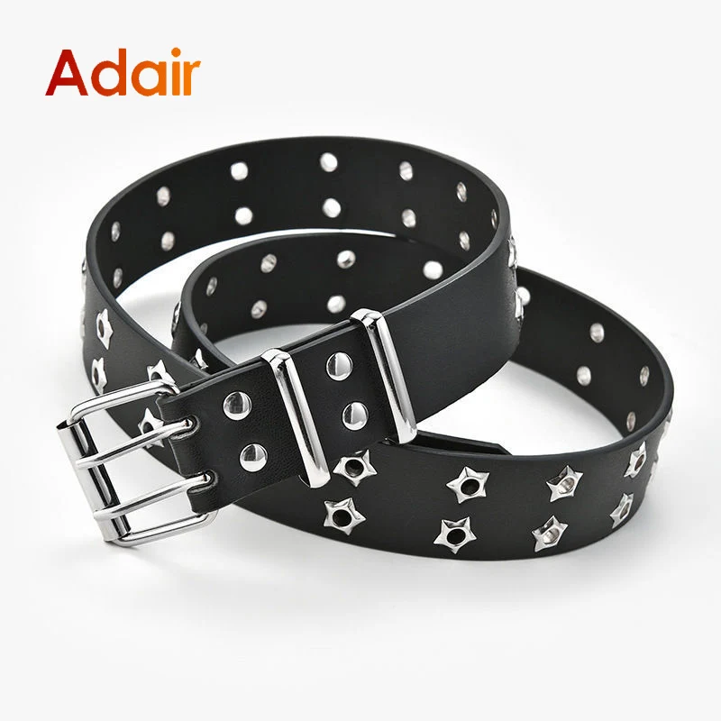 

Fashion Women Belt Punk Belts Casual Luxury Designer High Quality Jeans Pin Buckle Double Row Belt with Star Eyelet Strap PK021