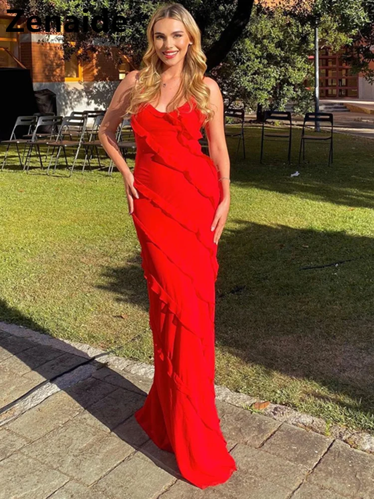 

Летнее Длинное Платье на бретелях-спагетти Zenaide 2022, красные Сексуальные облегающие Макси-платья с оборками и открытыми плечами и открытой с...