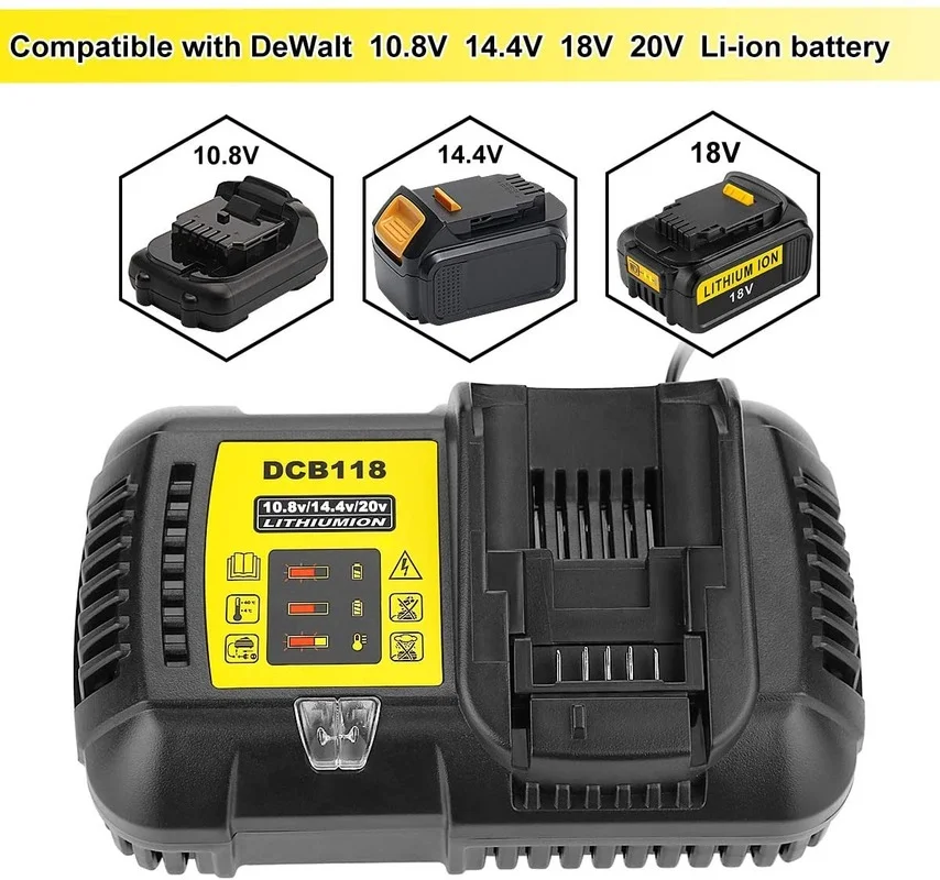 

Зарядное устройство для батарей Dewalt, 4,5 А, для батарей 10,8/12/14,4/18/20 В, DCB118, DCB200, DCB101, DCB115, DCB107, DCB105, DCB140, DCB112