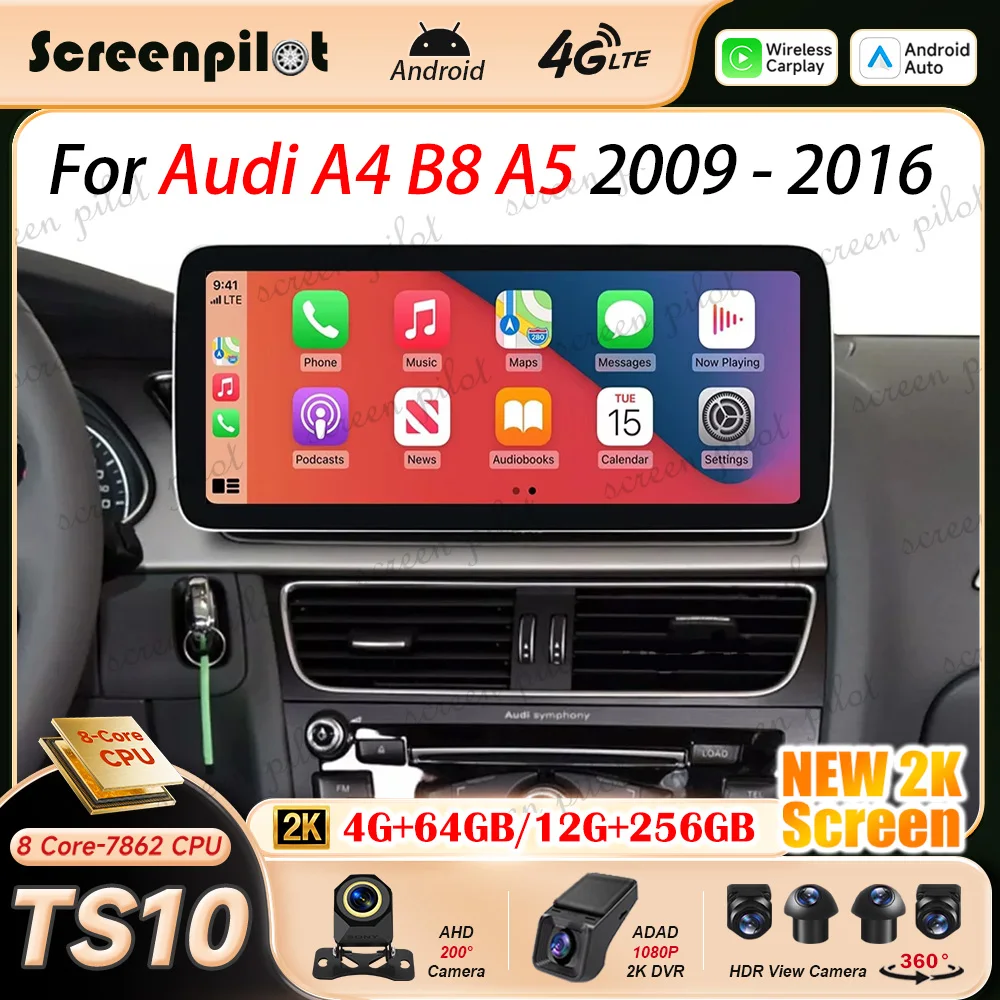Фото 12,3-дюймовое автомобильное радио на Android 16 для Audi A4 B8 A5 2009-2016 годов выпуска, 2K QLED мультимедийный видеоплеер, навигация GPS, без 2DIN 5. №2