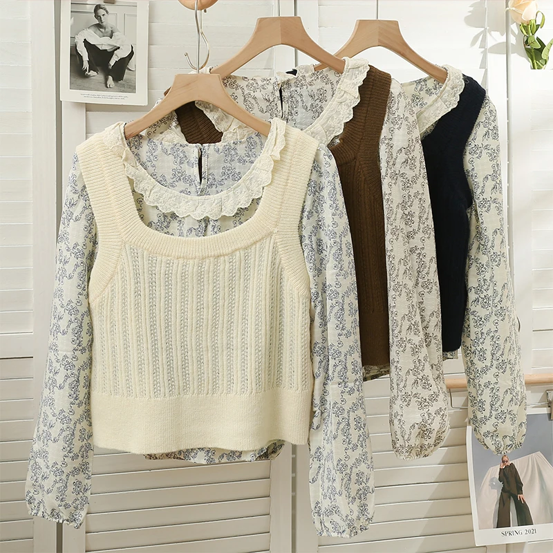 

2Piece Sets Women Outfits Autumn Floral Print Long Sleeve Peter-pan Collar Pullovers+Sleeveless Knitted Vests Femme Set Dropship