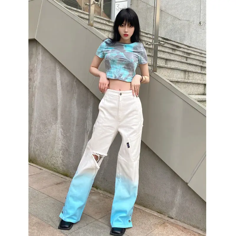 

Tiedye Tshirt top + Ripped wide leg long pants set Light blue gradient ripped jeans 2023 Fashion top Retro street wearTshirt set