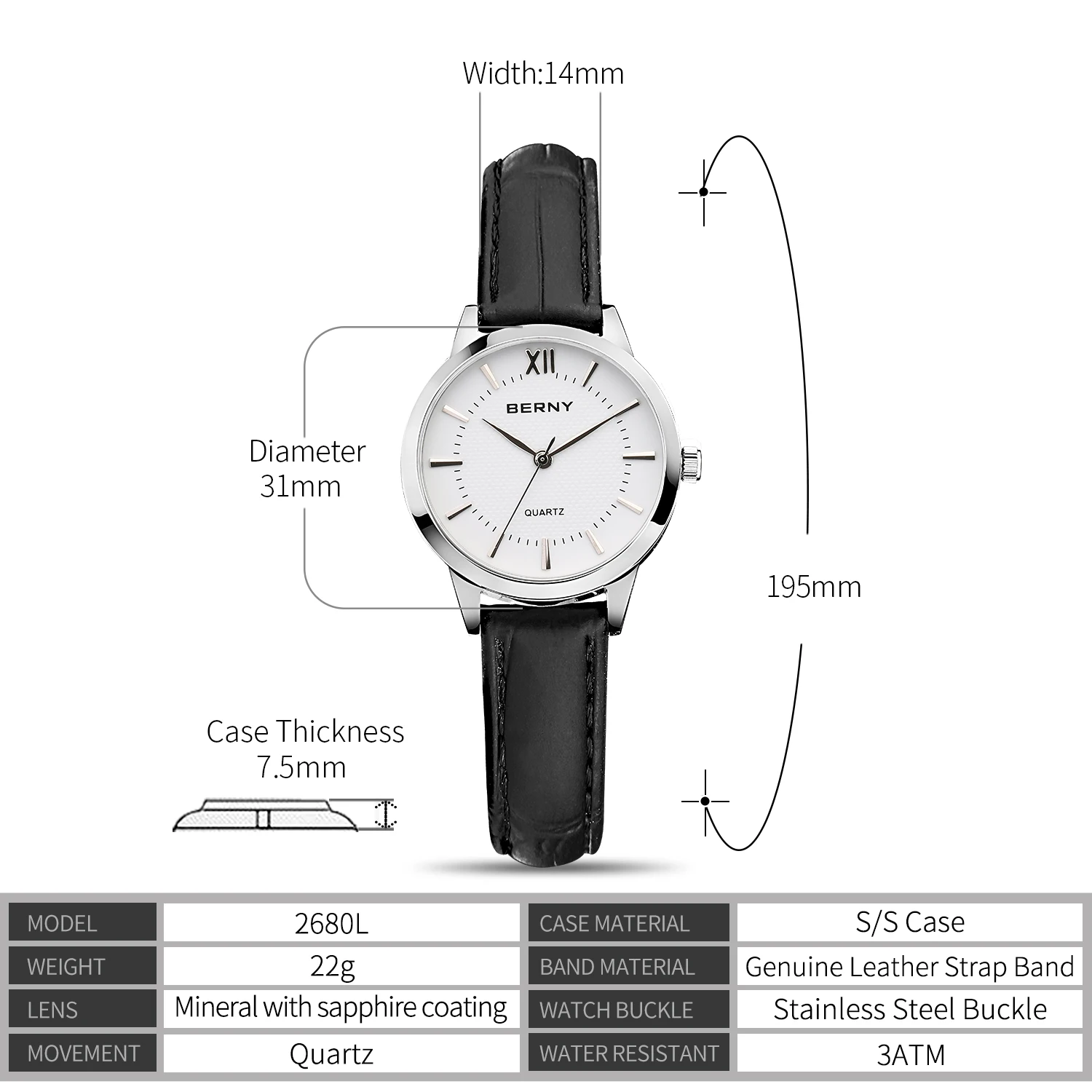 BERNYJapan Miyota MOV'T Classic Women Quartz Watch Simple Dress Female Clock Fashion Leather Strap Waterproof Ladies Wristwatch