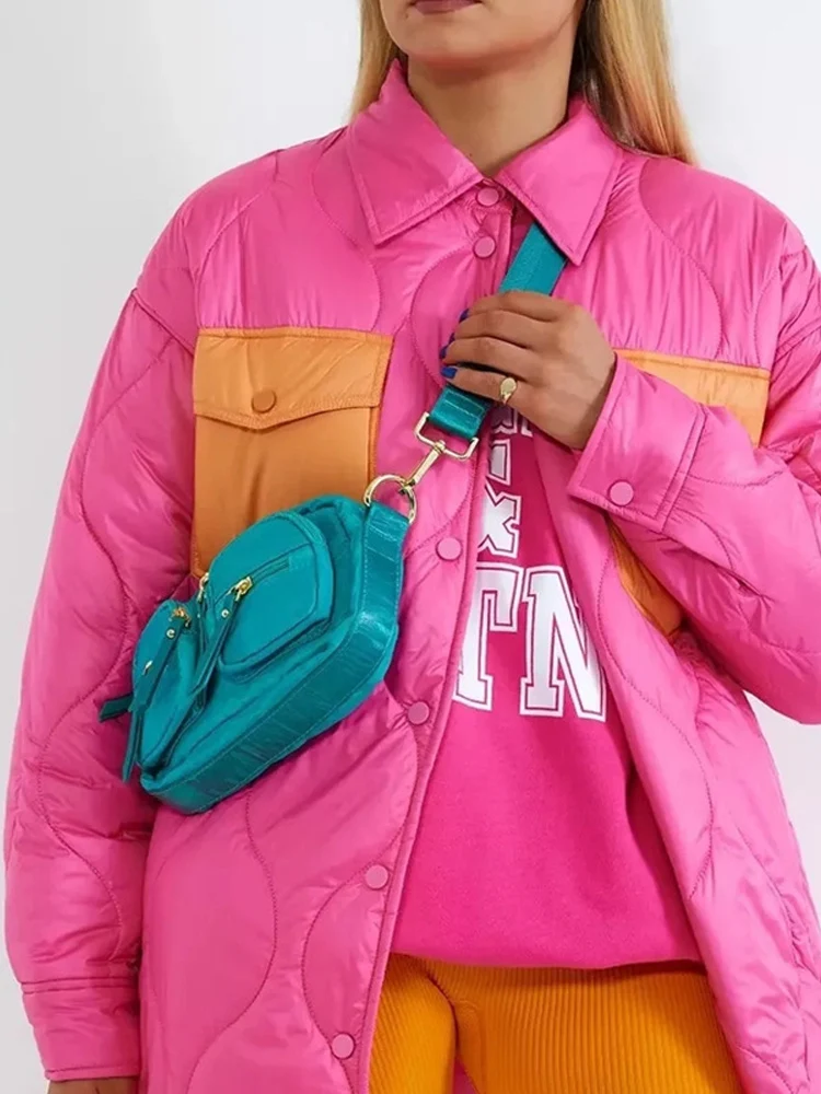 Warm Color Patchwork Women Parkas Jacket 2022 Autumn Winter Casual Loose Single Breasted Lady Commuter Cardigan Coat with Pocket