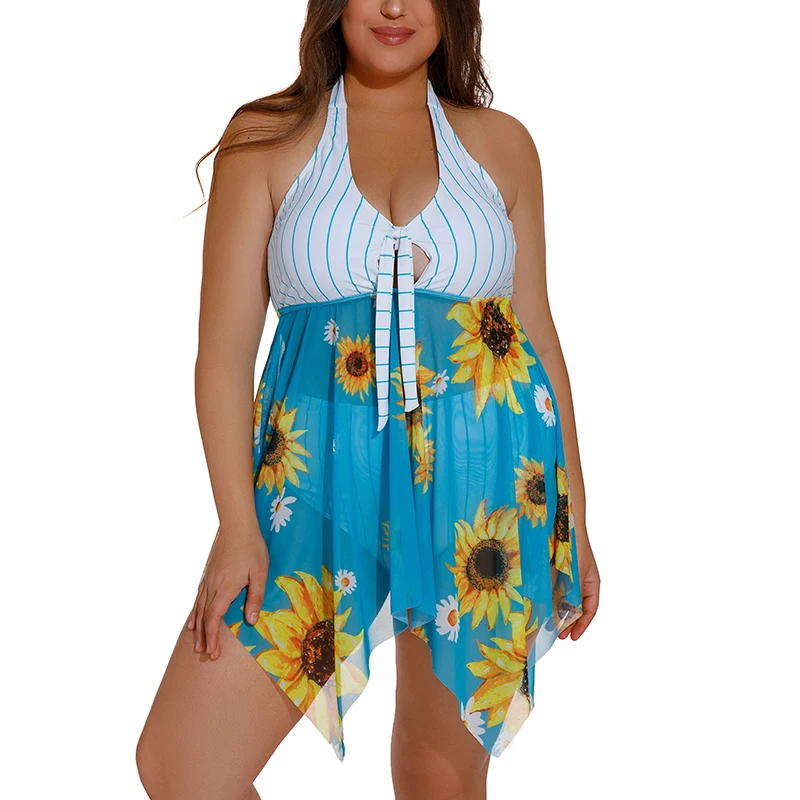 

2022 New Plus Size XL-8XL Two Pieces Swimsuits Swimwear Women Flower Print Large Size Bathing Suits Tankini Beachwear