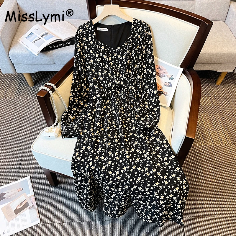 

Женское винтажное платье с цветочным принтом, длинное платье большого размера с квадратным вырезом, высокой талией и длинным рукавом в Коре...