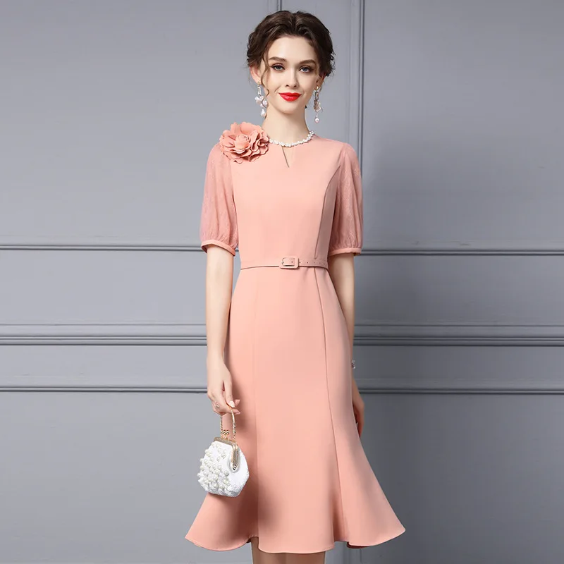 

Champagne Pink O-Neck Woman Dress Mermaid Belt Flower Pearl Purple Zipper Female Sweet Meeting Cocktail Prom Party Gowns 2023