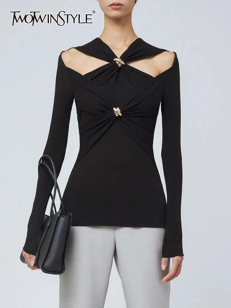 

Женская ажурная футболка TWOTWINSTYLE, белая однотонная футболка с длинным рукавом и асимметричным воротником, 2019