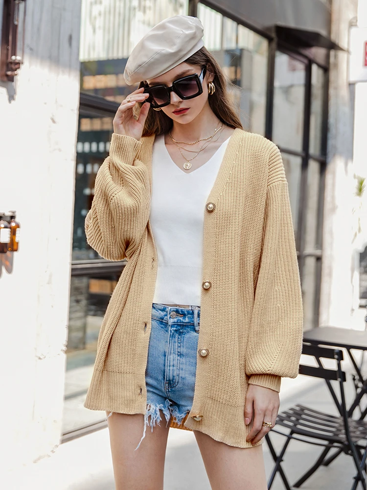 Simplee Casual long knitted cardigan female autumn winter Loose lantern sleeve sweater cardigan Basic white button women's tops