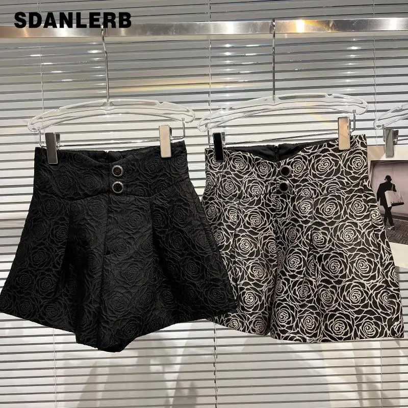 

2022 Spring New Printed Short Pants Embroidered Rose Pattern High Waist Pants Three Points Loose-Fitting Wide-Leg Shorts