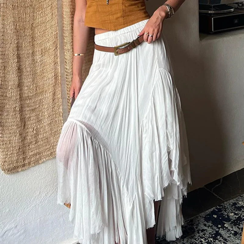 

Romantic Vacation Style Irregular Design Solid Color Elastic Waist Flowy Sheer White Midi Skirt New Summer Women’s Fashion.
