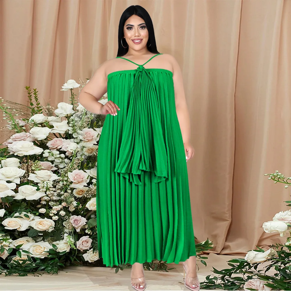 

MUDAN Women Pleated Halter Neck Sleeveless Loose Slim Maxi Long Dress Vintage Green Party Club Evening Dress Vestidos 2022