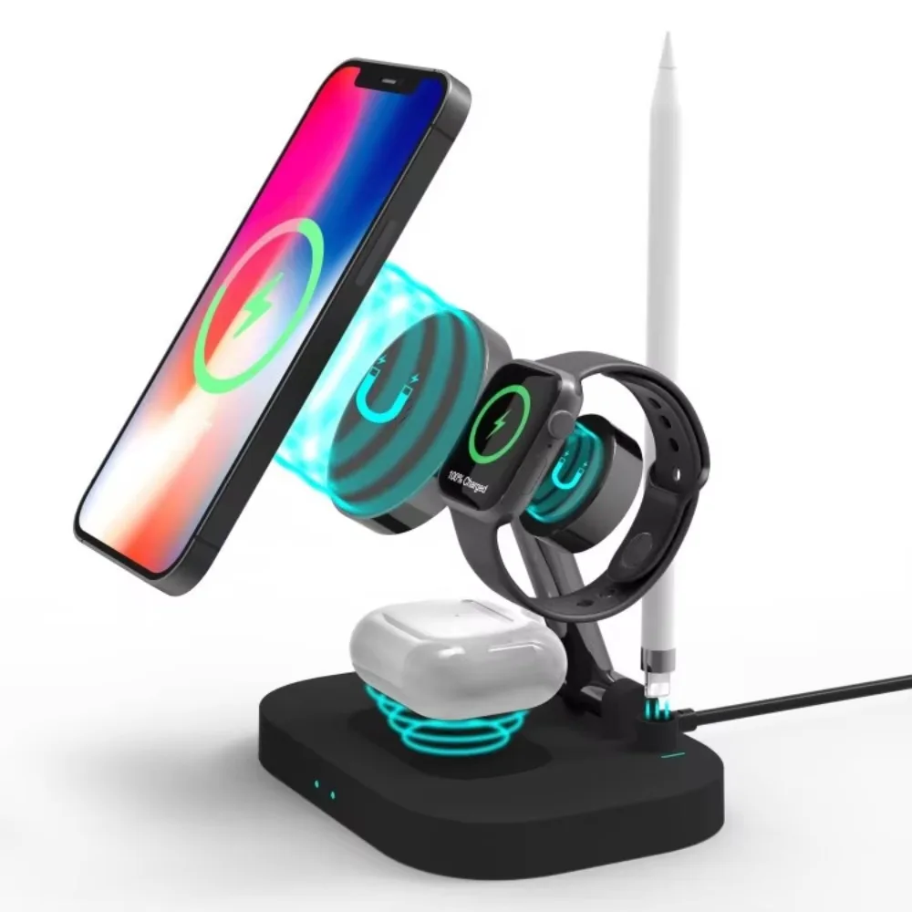 Беспроводное зарядное устройство 15 Вт 4 в 1 для iPhone Watch Airpods Pro Pencil i телефона
