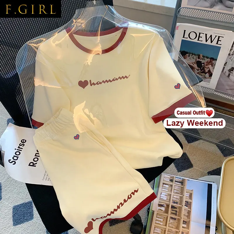 

F GIRLS Summer Suits Women 2023F GIRLS Casual Sports Two Peice Sets Womens Summer New Preppy Style O-Neck Short Sleeved T-shirt
