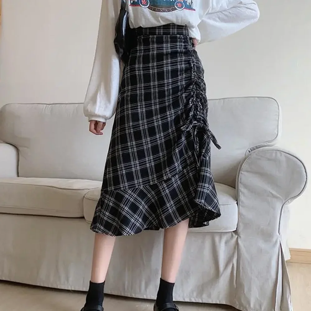 

COCOA Pleated Skirt High Waist Plaid Long Skirts Preppy Style Ladies Girls Outfit Fashion Chic Skirts 2022 Women's Clothing