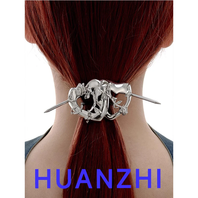 

HUANZHI Liquid Metal Hollowed Out Heart Hair Pin Simple Premium Double Ring Hair Accessories Punk Headwear for Women Girls New